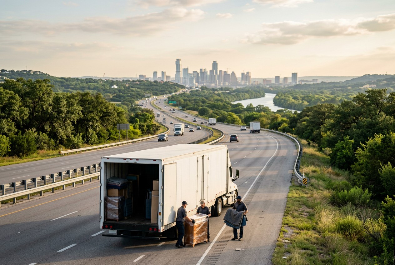 Unmarked long-distance moving van and moving crew loading wrapped furniture on an interstate highway heading toward the Austin, Texas skyline and the Colorado River