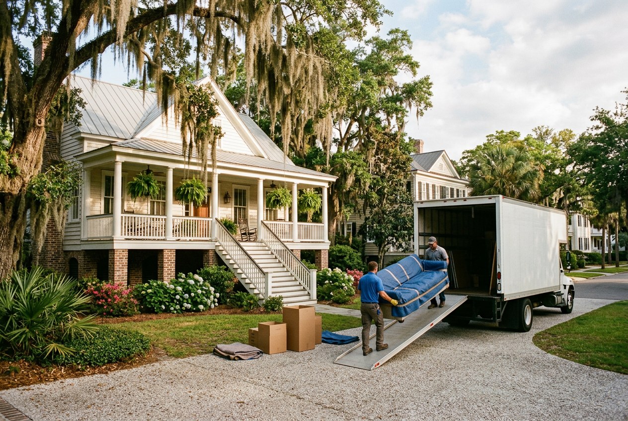 Unmarked moving truck and two movers unloading a wrapped sofa and moving boxes outside a raised Lowcountry home with a front porch under live oaks and Spanish moss near Charleston, South Carolina