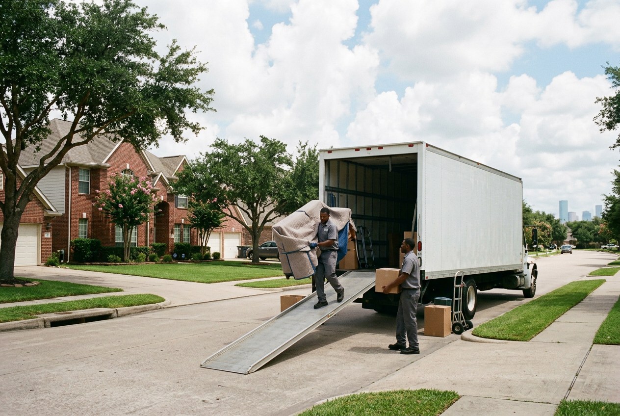 Unmarked long-distance moving van and moving crew unloading blanket-wrapped furniture outside a brick home on a tree-lined suburban street in Houston, Texas