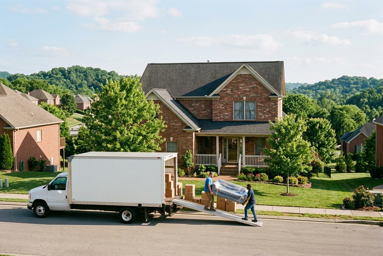 Unmarked moving truck and two movers unloading a wrapped sofa and moving boxes outside a brick home in a hilly, tree-lined suburb near Nashville, Tennessee