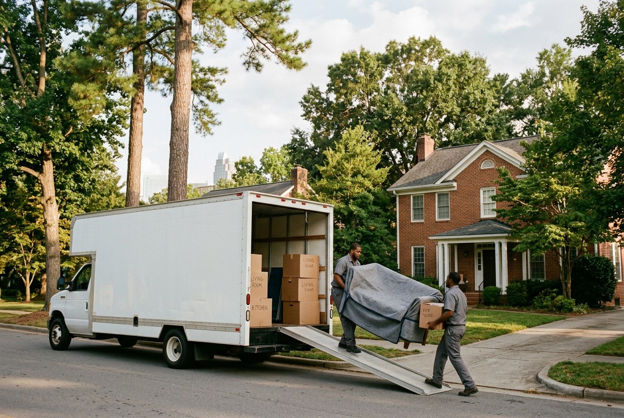 Unmarked long-distance moving van and moving crew unloading blanket-wrapped furniture outside a brick home on a pine-lined street in Raleigh, North Carolina