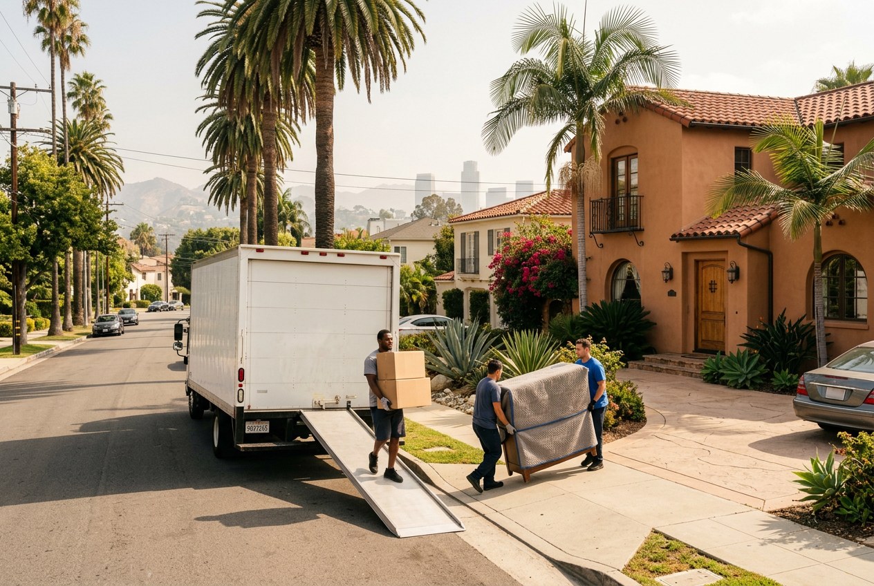 Unmarked white moving truck with two movers carrying boxes and a wrapped dresser from a Spanish-style home on a palm-lined street in Los Angeles, California, with the downtown skyline and hills behind