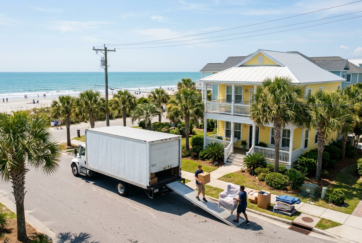 Unmarked moving truck with two movers carrying a box and a wrapped armchair to a raised coastal home on a palm-lined street, with the beach and Atlantic Ocean behind, in Myrtle Beach, South Carolina