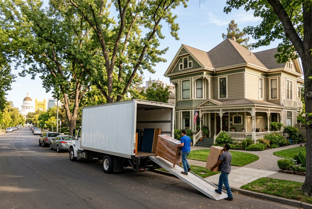 Unmarked white moving truck with two movers carrying a wrapped dresser and boxes from a Victorian home on a tree-lined street in Sacramento, California, with the domed California State Capitol in the distance