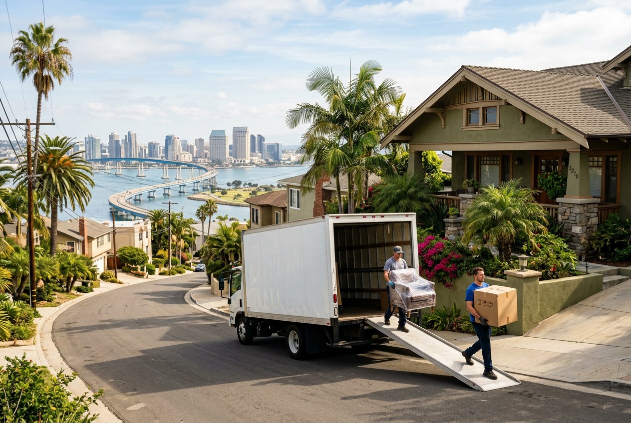 Unmarked white moving truck with two movers carrying a wrapped armchair and boxes from a Craftsman home on a palm-lined hillside street in San Diego, California, with San Diego Bay, the Coronado Bridge and the downtown skyline behind