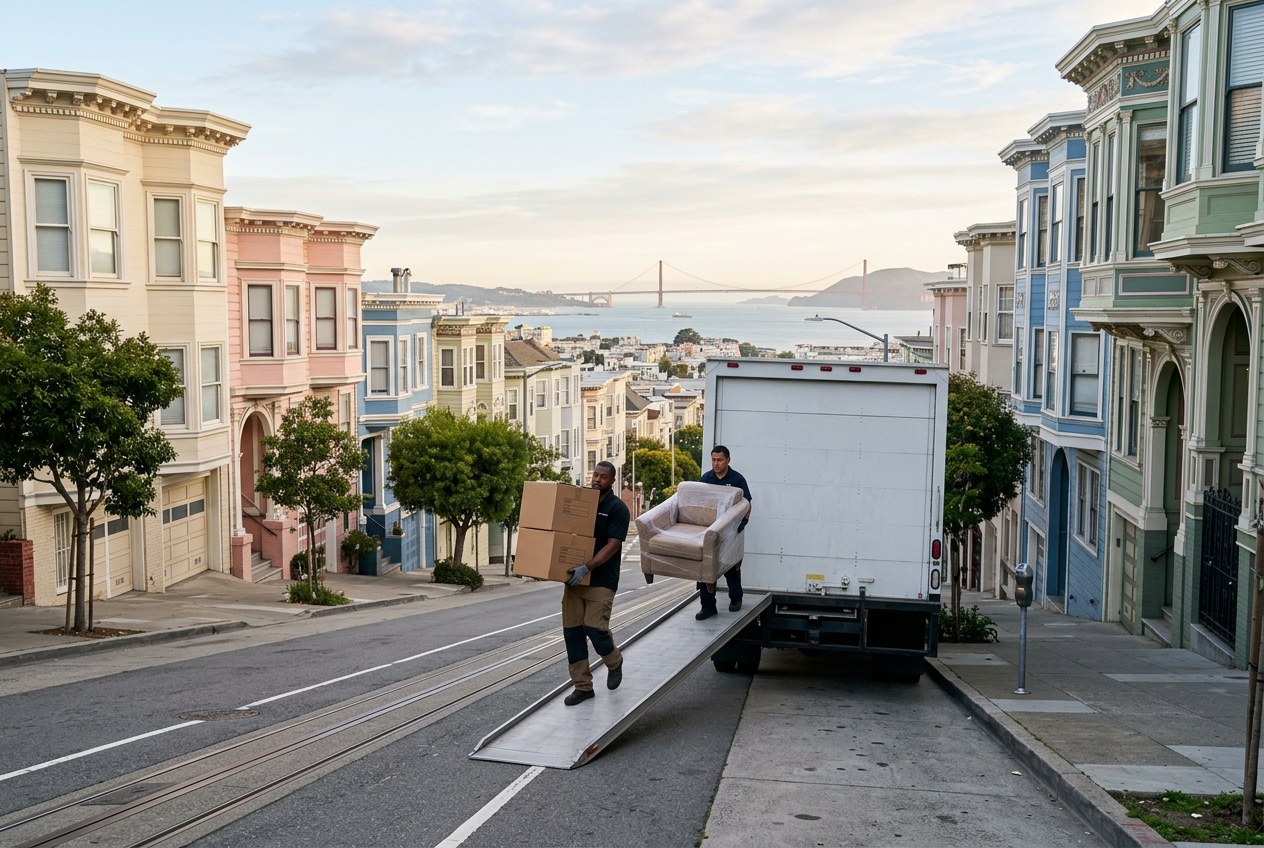 Unmarked white moving truck on a steep San Francisco street lined with Victorian row houses, two movers unloading boxes and a wrapped armchair, with the Golden Gate Bridge and the Bay in the distance