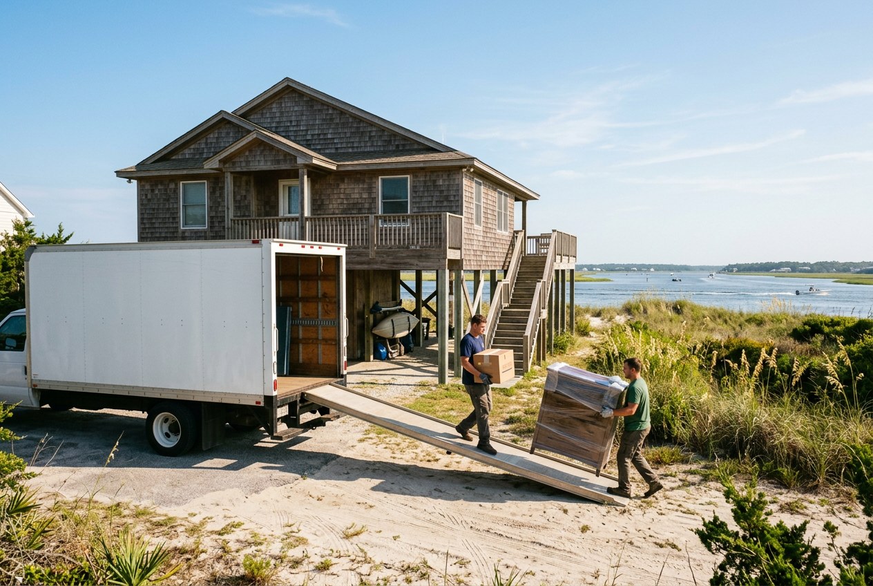 Unmarked moving truck and two movers unloading boxes and a wrapped dresser outside a shingled coastal home raised on pilings, with dunes, sea oats and the Intracoastal Waterway behind, near Wilmington, North Carolina